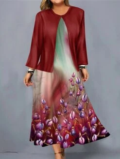 Women's Christmas Plus Size Curve Casual Dress Dress Set Two Piece Dress Floral Midi Dress Long Sleeve Print Crew Neck Fashion Outdoor Wine Blue Fall Winter L XL XXL 3XL 4XL -Casual Print Dress Sales aankzs1697170159309