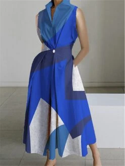 Women's Shirt Dress Casual Dress Swing Dress Maxi Long Dress Outdoor Office Daily Polyester Fashion Modern Shirt Collar Button Pocket Sleeveless Summer Spring 2023 Loose Fit Yellow Dark Pink Blue -Casual Print Dress Sales aaxnki1690859505922