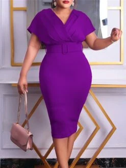 Women‘s Plus Size Curve Easter Dress Work Dress Solid Color V Neck Short Sleeve Spring Dress Fall Work Formal Knee Length Dress Date Vacation Dress