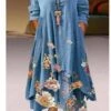 Women's Plus Size Curve Casual Dress Swing Dress Print Maxi Long Dress Long Sleeve Layered Asymmetric Crew Neck Vintage Daily Light Blue Blue Spring Fall L XL XXL XXXL 4XL