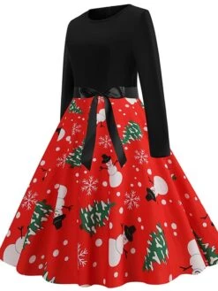 Women's Christmas Casual Dress Swing Dress Vintage Dress Midi Dress Green Blue Light Red Long Sleeve Santa Claus Bow Winter Fall Autumn V Neck Slim 2022 S M L XL XXL 3XL -Casual Print Dress Sales abzjlk1666776946562