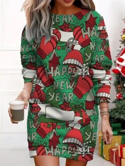 Women's Christmas Casual Dress Sweatshirt Dress Mini Dress Warm Fashion Outdoor Vacation Crew Neck Print Santa Claus Snowman Christmas Tree Loose Fit ArmyGreen Black Red S M L XL XXL -Casual Print Dress Sales acdcdn1695365366634