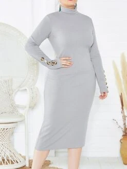 Women's Plus Size Curve Casual Dress Sweater Dress Bodycon Plain Midi Dress Long Sleeve Button Turtleneck Fashion Outdoor Wine Dark Blue Fall Winter XL XXL 3XL 4XL 5XL -Casual Print Dress Sales acufuk1694489892187