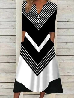 Women's Casual Dress Shift Dress Midi Dress Black And White Stripes Green Dark Blue Half Sleeve Color Block Button Summer Spring V Neck Basic Vacation 2023 S M L XL XXL 3XL
