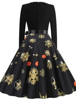 Women's Christmas Swing DressKnee Length Dress Black And White White Light Red Gold Red Long Sleeve Elk Snowman Bell Bow Print Fall Winter Round Neck Vintage Elegant 2022 S M L XL 2XL -Casual Print Dress Sales acxebd1663049823233