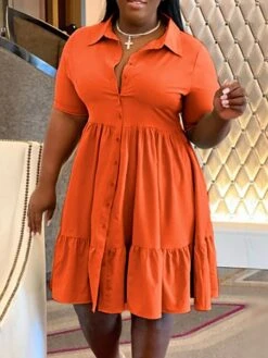 Women‘s Plus Size Curve Shirt Dress Solid Color Shirt Collar Ruffle Half Sleeve Spring Summer Casual Knee Length Dress Daily Holiday Dress -Casual Print Dress Sales adetaw1656491037773