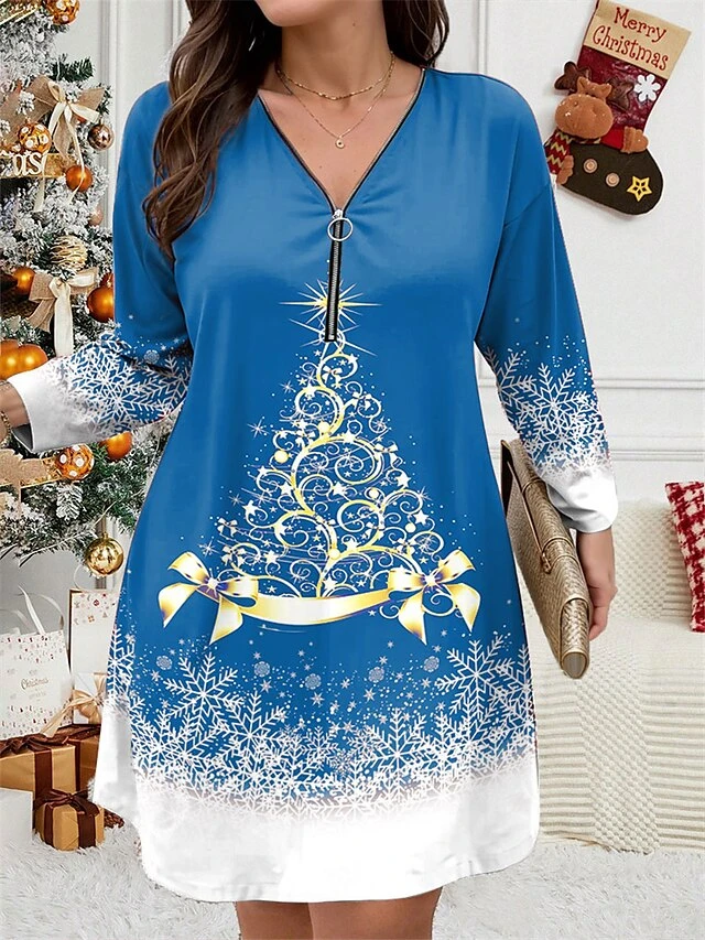 Women's Plus Size Curve Christmas Dress Casual Dress Winter Dress Christmas Tree Snowflake Mini Dress Long Sleeve Print V Neck Fashion Outdoor Black Wine Fall Winter L XL 2XL 3XL 4XL 3 Women's Plus Size Curve Christmas Dress Casual Dress Winter Dress Christmas Tree Snowflake Mini Dress Long Sleeve Print V Neck Fashion Outdoor Black Wine Fall Winter L XL 2XL 3XL 4XL - Image 3