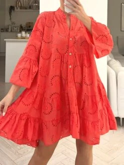 Women's Shirt Dress Casual Dress Mini Dress Outdoor Daily Date Cotton Basic Classic V Neck Button Long Sleeve Spring Fall Winter 2023 Loose Fit Yellow Pink Red Pure Color S M L XL 2XL -Casual Print Dress Sales adxpxu1694576759175