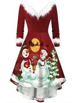 Women's Christmas Casual Dress Swing Dress Blue Wine Red White Long Sleeve Santa Claus SnowmanTree Feather Print Winter Fall V Neck Vintage ElegantFall Dress 2022 S M L XL XXL