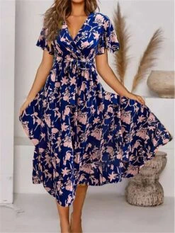 Women's Casual Dress Swing Dress A Line Dress Floral Geometric Print V Neck Midi Dress Fashion Streetwear Outdoor Street Short Sleeve Regular Fit Black Navy Blue Blue Summer Spring S M L XL XXL -Casual Print Dress Sales aebvxx1689588221049