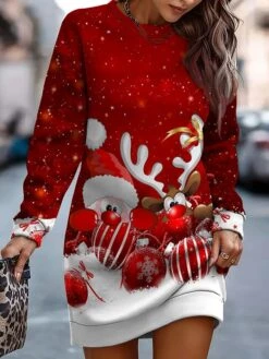 Women‘s Christmas Casual Dress Sweatshirt Dress Mini Dress Warm Fashion Outdoor Holiday Crew Neck Print Santa Claus Loose Fit Black Burgundy Green S M L XL XXL -Casual Print Dress Sales aetcyc1695096337383