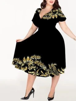 Women‘s Plus Size Curve Casual Dress A Line Dress Graphic Midi Dress Short Sleeve Print V Neck Elegant Holiday Black White Summer Spring L XL XXL 3XL 4XL -Casual Print Dress Sales afjmpb1678695529095