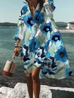 Women's Shirt Dress Casual Dress A Line Dress Midi Dress Winter Dress Daily Holiday Polyester Vacation Stylish Shirt Collar High Low Dress Print Long Sleeve Summer Spring Fall 2022 Loose Fit White -Casual Print Dress Sales afldec1661741104803