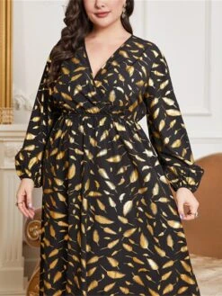 Women's Plus Size Prom Dress Party Dress Wedding Guest Dress Long Dress Maxi Dress Black Long Sleeve Print Ruched Fall Winter Autumn V Neck Fashion Winter Dress Evening Party Wedding Guest 2023 L XL -Casual Print Dress Sales aflzmr1693535315202