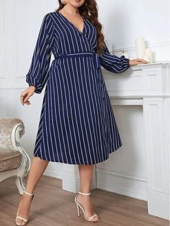 Women's Plus Size Party Dress Wedding Guest Dress Wrap Dress Midi Dress Royal Blue Long Sleeve Line With Belt Spring Fall Winter V Neck Fashion Winter Dress Evening Party Wedding Guest 2023 XL XXL -Casual Print Dress Sales afpqbo1693535289641