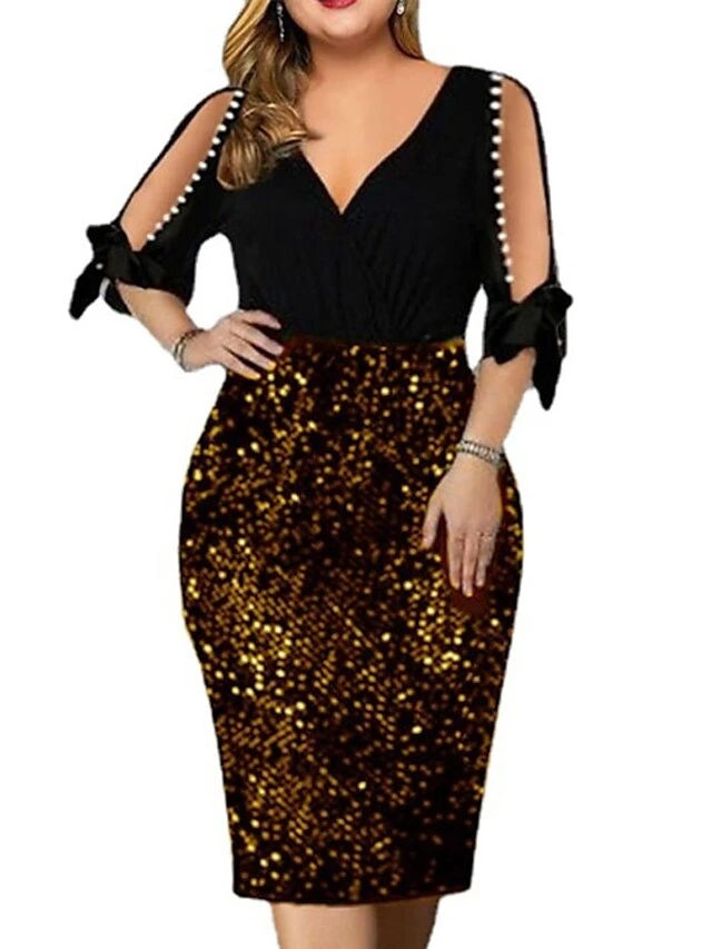 Women‘s Plus Size Curve Party Dress Solid Color V Neck Sequins Half Sleeve Spring Fall Stylish Sequins Prom Dress Midi Dress Party Club Dress Sheath Dress Sequin Dress 6 Women‘s Plus Size Curve Party Dress Solid Color V Neck Sequins Half Sleeve Spring Fall Stylish Sequins Prom Dress Midi Dress Party Club Dress Sheath Dress Sequin Dress - Image 6