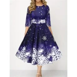 Women's Christmas Skater Dress Print DressMidi Dress Green Purple Dark Red Dark Blue Black 3/4 Length Sleeve Print Snowflake Patchwork Print Fall Winter Crew Neck Fashion Party 2022 S M L XL 2XL 3XL -Casual Print Dress Sales afxgiz1665489400739