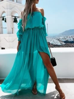 Women's Casual Dress Swing Dress Long Dress Maxi Dress Orange Green 3/4 Length Sleeve Pure Color Ruffle Summer Spring Off Shoulder Casual 2023 S M L XL -Casual Print Dress Sales afyfwf1626341247804