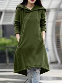 Women's Casual Dress Hoodie Dress Winter Dress Midi Dress Pocket Outdoor Street Daily Fashion Streetwear Hooded Long Sleeve 2023 Loose Fit Black Army Green Gray Color S M L XL XXL Size -Casual Print Dress Sales agklhx1694510142458