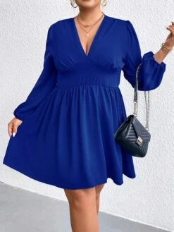 Women‘s Plus Size Curve Party Dress Wedding Guest Dress Sheath Dress Mini Dress Blue Long Sleeve Pure Color Ruched Fall Winter Autumn Deep V Fashion Wedding Guest Vacation Fall Dress 2023 -Casual Print Dress Sales aglikq1692170876557