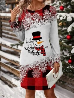 Women's Christmas Dress Casual Dress Mini Dress Active Fashion Outdoor Christmas Holiday Crew Neck Print Snowman Snowflake Loose Fit Black White Wine S M L XL XXL