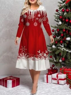 Women's Plus Size Curve Casual Dress Winter Dress Skater Dress Snowflake Midi Dress Long Sleeve Print Crew Neck Fashion Outdoor White Wine Fall Winter L XL XXL 3XL 4XL -Casual Print Dress Sales ahcsem1697687265802
