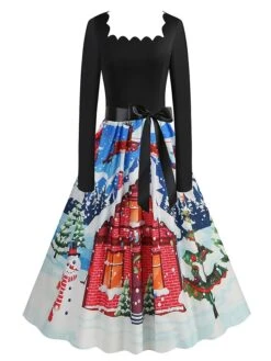 Women's Christmas Vintage Dress Swing Dress Mini Dress Black Pink Dark Blue Red Navy Blue Light Blue Long Sleeve Santa Claus Elk Snowman With Belt Print Winter Fall Square Neck 2022 S M L XL -Casual Print Dress Sales ahfcal1666676135481