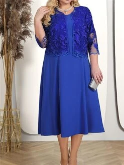 Women's Plus Size Curve Two Piece Dress Set Party Dress Lace Dress Party Wedding Guest Fashion Elegant Lace Embroidered Long Dress Maxi Dress Crew Neck 3/4 Length Sleeve Plain Pink Blue Spring -Casual Print Dress Sales ahifap1692179470694