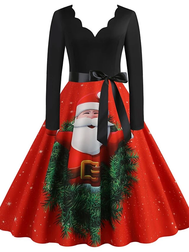 Women's Christmas Casual Dress Swing Dress Midi Dress Green Wine Light Red Fuchsia Red Long Sleeve Santa Claus Elk Bow Print Winter Fall V Neck Vacation Vintage 2022 S M L XL XXL 3XL 8 Women's Christmas Casual Dress Swing Dress Midi Dress Green Wine Light Red Fuchsia Red Long Sleeve Santa Claus Elk Bow Print Winter Fall V Neck Vacation Vintage 2022 S M L XL XXL 3XL - Image 8