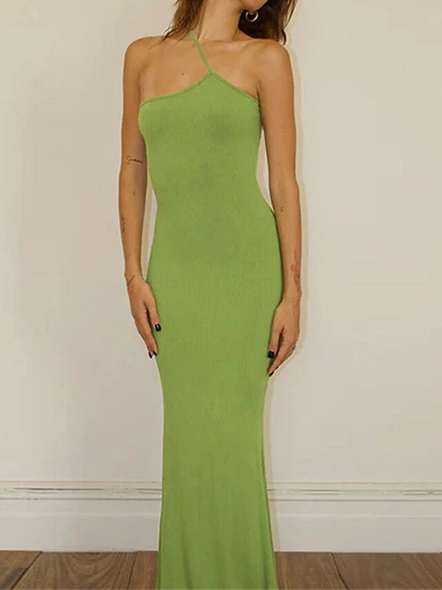 Women's Bodycon Semi Formal Dress Plain Dress Long Dress Maxi Dress Backless Party Holiday Date Fashion Sexy One Shoulder Sleeveless 2023 Regular Fit Black Green Color S M L Size 5 Women's Bodycon Semi Formal Dress Plain Dress Long Dress Maxi Dress Backless Party Holiday Date Fashion Sexy One Shoulder Sleeveless 2023 Regular Fit Black Green Color S M L Size - Image 5