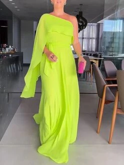 Women's Casual Dress Chiffon Dress Plain Dress Long Dress Maxi Dress Ruffle Outdoor Date Going Out Fashion Elegant One Shoulder Long Sleeve 2023 Regular Fit Green Color S M L XL XXL Size