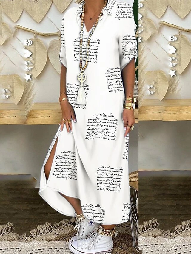 Women's Shirt Dress Swing Dress Maxi Long Dress Outdoor Daily Vacation Cotton Linen Stylish Modern Shirt Collar Split Print Short Sleeve Summer Spring 2023 Loose Fit Black Red Blue Geometric Letter 2 Women's Shirt Dress Swing Dress Maxi Long Dress Outdoor Daily Vacation Cotton Linen Stylish Modern Shirt Collar Split Print Short Sleeve Summer Spring 2023 Loose Fit Black Red Blue Geometric Letter - Image 2