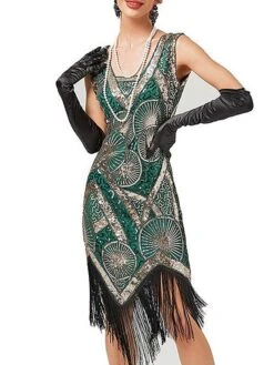 Women's Retro 1920s Fringe Dress Midi Dress Party Halloween Sequins Tassel Fringe Geometric V Neck Sleeveless Regular Fit Spring Fall 2023 Black Red XS S M L -Casual Print Dress Sales aiytuk1692947261453