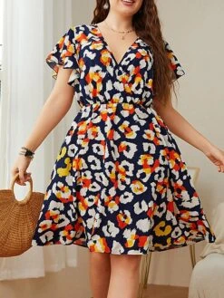 Women‘s Plus Size Curve Casual Sweater Dress Floral Sweater Dress Floral Midi Sweater Dress Short Sleeve Print V Neck Fashion Daily Blue Spring Summer XL XXL 3XL 4XL