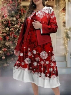 Women's Plus Size Curve Christmas Dress Casual Dress Dress Set Snowflake Midi Dress Long Sleeve Print Crew Neck Fashion Outdoor Wine Fall Winter L XL XXL 3XL 4XL