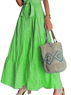 Women's Shirt Dress Maxi Long Dress Daily Vacation Polyester Casual Shirt Collar Lace Up Button Short Sleeve Summer Spring 2022 Regular Fit Blue Green Striped S M L XL -Casual Print Dress Sales ajnhwc1634955522894