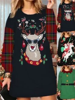 Women's Christmas Ugly Sweatshirt Dress Shift Dress Mini Dress Green Black Red Long Sleeve Santa Claus Print Winter Fall Autumn Fashion Daily 2022 S M L XL XXL 3XL