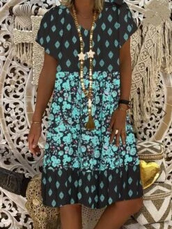 Women's Shift Dress Midi Dress Red Green Short Sleeve Print Print Summer Spring V Neck Casual 2023 S M L XL XXL 3XL 4XL 5XL