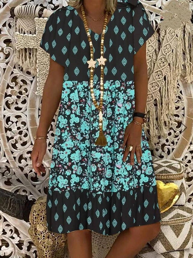 Women's Shift Dress Midi Dress Red Green Short Sleeve Print Print Summer Spring V Neck Casual 2023 S M L XL XXL 3XL 4XL 5XL 1 Women's Shift Dress Midi Dress Red Green Short Sleeve Print Print Summer Spring V Neck Casual 2023 S M L XL XXL 3XL 4XL 5XL