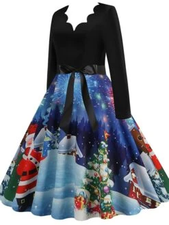 Women's Christmas Casual Dress Swing Dress Midi Dress Blue Purple Royal Blue Light Blue White Long Sleeve Santa Claus Elk Tree Bow Print Winter Fall V Neck Vacation Vintage 2022 S M L XL -Casual Print Dress Sales akkjil1666927315283