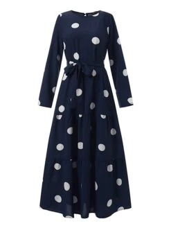 Women's Vintage Dress Kaftan Dress Polka Dot Dress Long Dress Maxi Dress Yellow Wine Navy Blue Long Sleeve Polka Dot Lace Up Spring Fall Winter Crew Neck Muslim Vacation Loose Fit 2023 S M L XL XXL -Casual Print Dress Sales akktoz1670928751150