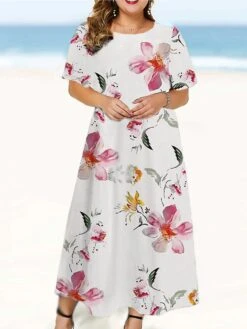 Women‘s Plus Size Curve Casual Dress Swing Dress Floral Long Dress Maxi Dress Short Sleeve Print Crew Neck Fashion Outdoor White Yellow Summer Spring L XL XXL 3XL 4XL