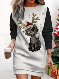 Women's Christmas Casual Dress Sweatshirt Dress Mini Dress Warm Fashion OutdoorVacation Crew Neck Print Animal Loose Fit Black Yellow Red S M L XL XXL -Casual Print Dress Sales alhazx1695365428558