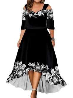 Women‘s Plus Size Curve Party Dress Wedding Guest Dress Swing Dress Long Dress Maxi Dress Black Blue Purple 3/4 Length Sleeve Floral Cold Shoulder Summer Spring Fall V Neck Fashion Birthday -Casual Print Dress Sales alyteu1690428447179