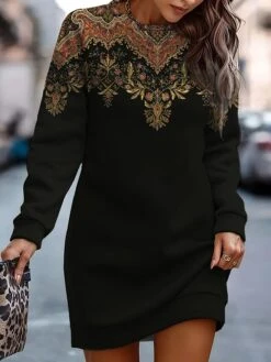 Women's Casual Dress Sweatshirt Dress Mini Dress Warm Fashion Outdoor Holiday Vacation Crew Neck Print Floral Geometric Print Loose Fit Black Royal Blue Blue S M L XL XXL