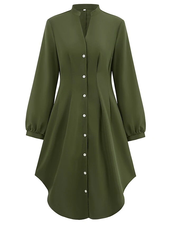 Women's Shirt Dress Casual Dress Mini Dress Outdoor Daily Date Polyester Fashion Modern V Neck Ruched Button Long Sleeve Fall Winter 2023 Loose Fit ArmyGreen Orange Apricot Pure Color S M L XL 14 Women's Shirt Dress Casual Dress Mini Dress Outdoor Daily Date Polyester Fashion Modern V Neck Ruched Button Long Sleeve Fall Winter 2023 Loose Fit ArmyGreen Orange Apricot Pure Color S M L XL - Image 14