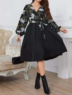 Women's Plus Size Party Dress Wedding Guest Dress Black Dress Midi Dress Black Long Sleeve Flower Lace Up Spring Fall Winter V Neck Fashion Winter Dress Evening Party Wedding Guest 2023 XL XXL 3XL 4XL