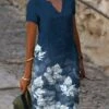 Women‘s A Line Dress Knee Length Dress Green Blue Short Sleeve Floral Print Spring Summer V Neck Basic Casual Loose 2023 S M L XL XXL 3XL / 3D Print
