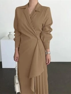 Women's Casual Dress Wrap Dress Plain Dress Long Dress Maxi Dress Pleated Outdoor Street Daily Fashion Streetwear Shirt Collar Long Sleeve 2023 Regular Fit Black Brown Apricot Color S M L XL XXL Size -Casual Print Dress Sales apclhf1690460927150