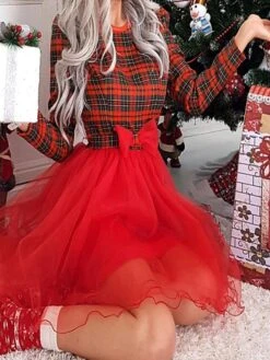 Women‘s Christmas Casual Dress Swing Dress Mini Dress Red Long Sleeve Plaid Mesh Winter Fall Autumn Crew Neck Modern Daily 2022 S M L XL